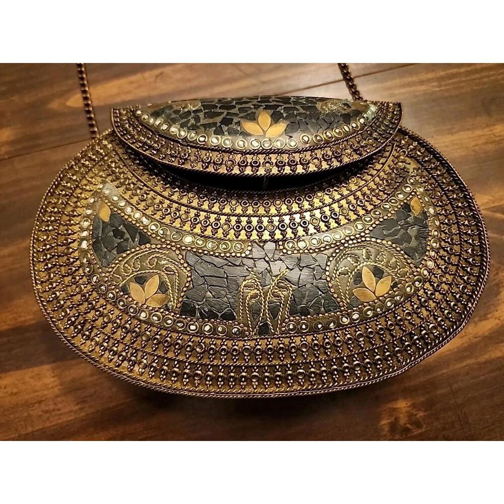 Vintage Hand Made Clutch Purse W/ Stone & Bronze Mosaic Inlays